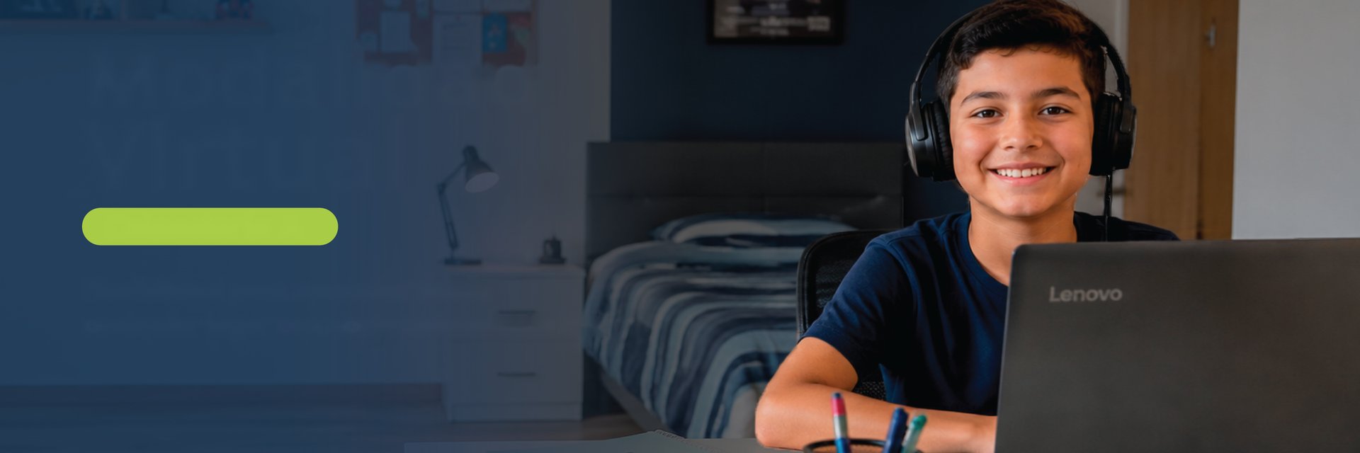 Virtual program student wearing headphones in front of a laptop