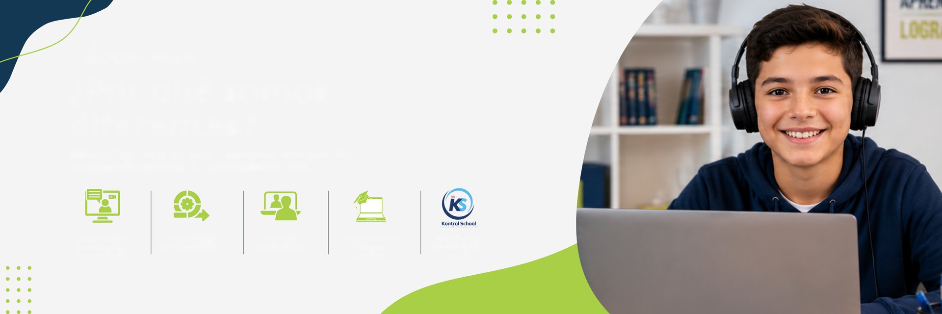 Smiling student wearing headphones, with icons for live classes, methodology, tutoring, virtual campus and the Kontrol School platform