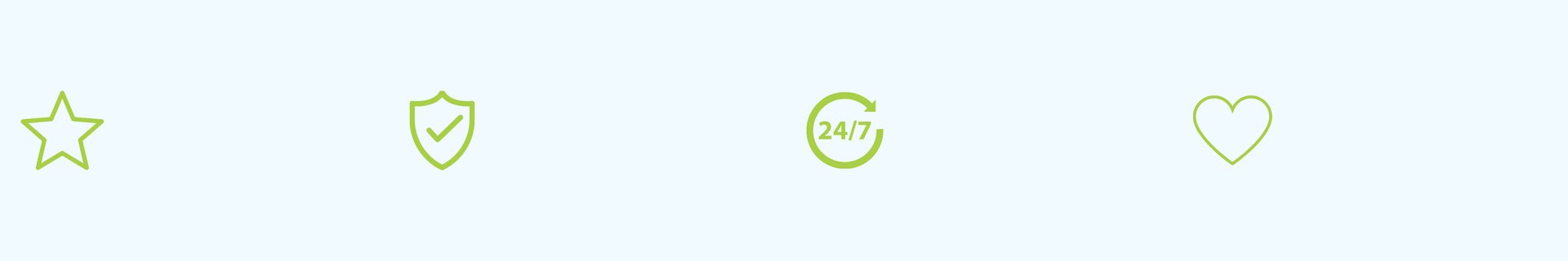 Star, shield, 24/7 clock and heart icons