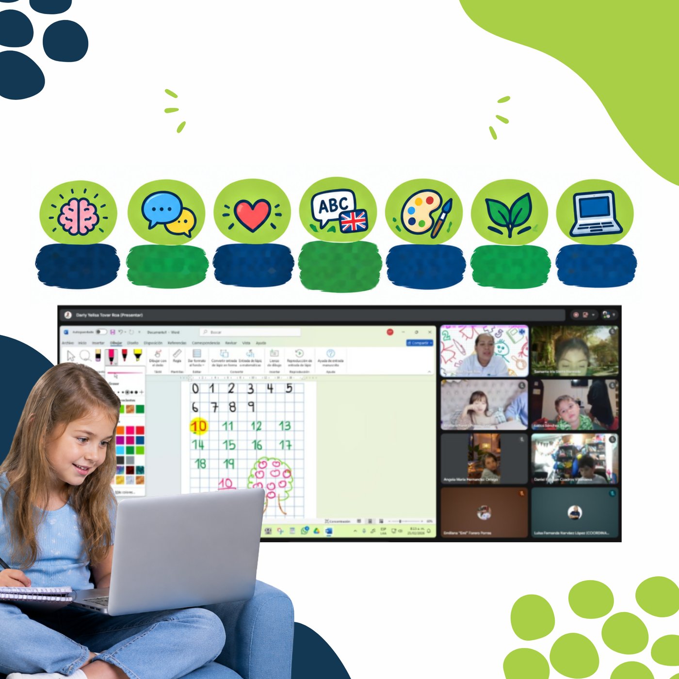 Girl in a virtual class on her laptop, with icons of the developmental dimensions