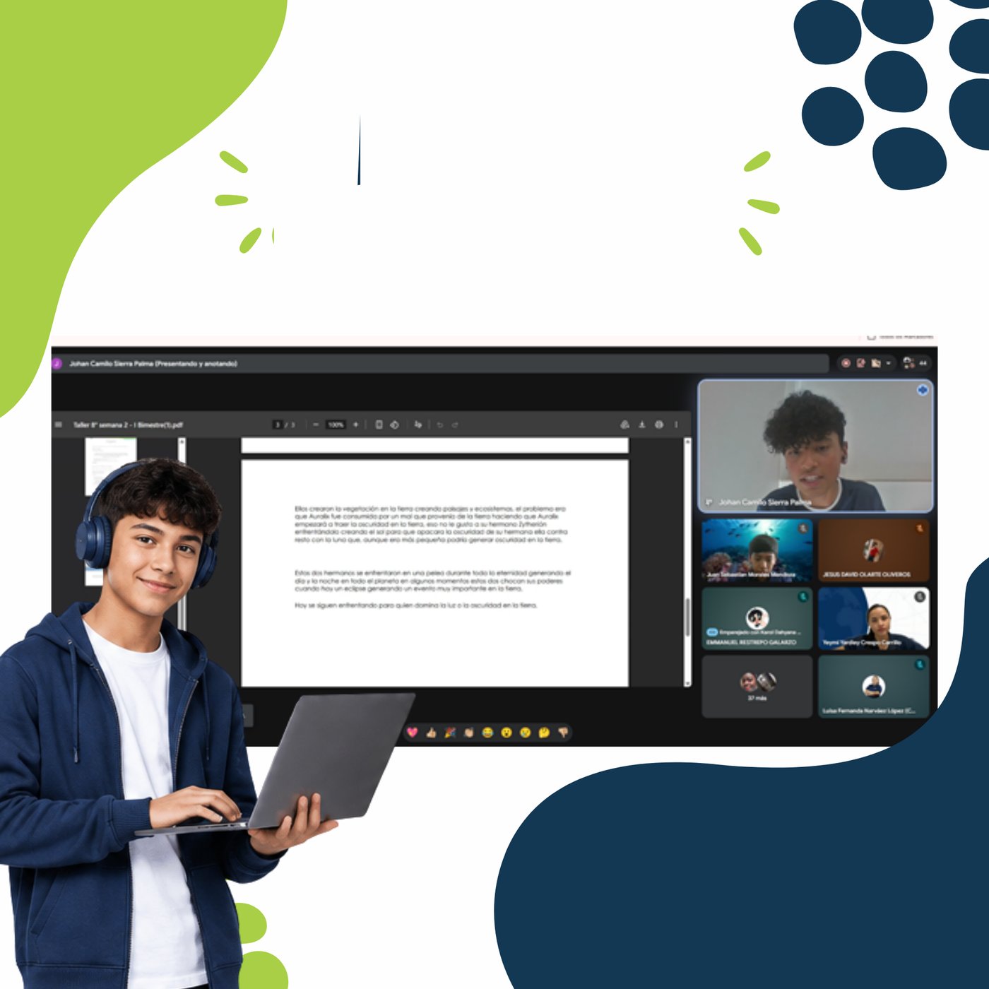 Student with headphones and a laptop in a virtual class
